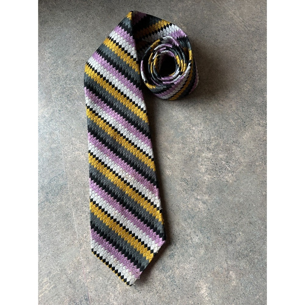 Vintage JB Hunter Tie 70s Striped Necktie Chevron Green Yellow Purple Retro 1970